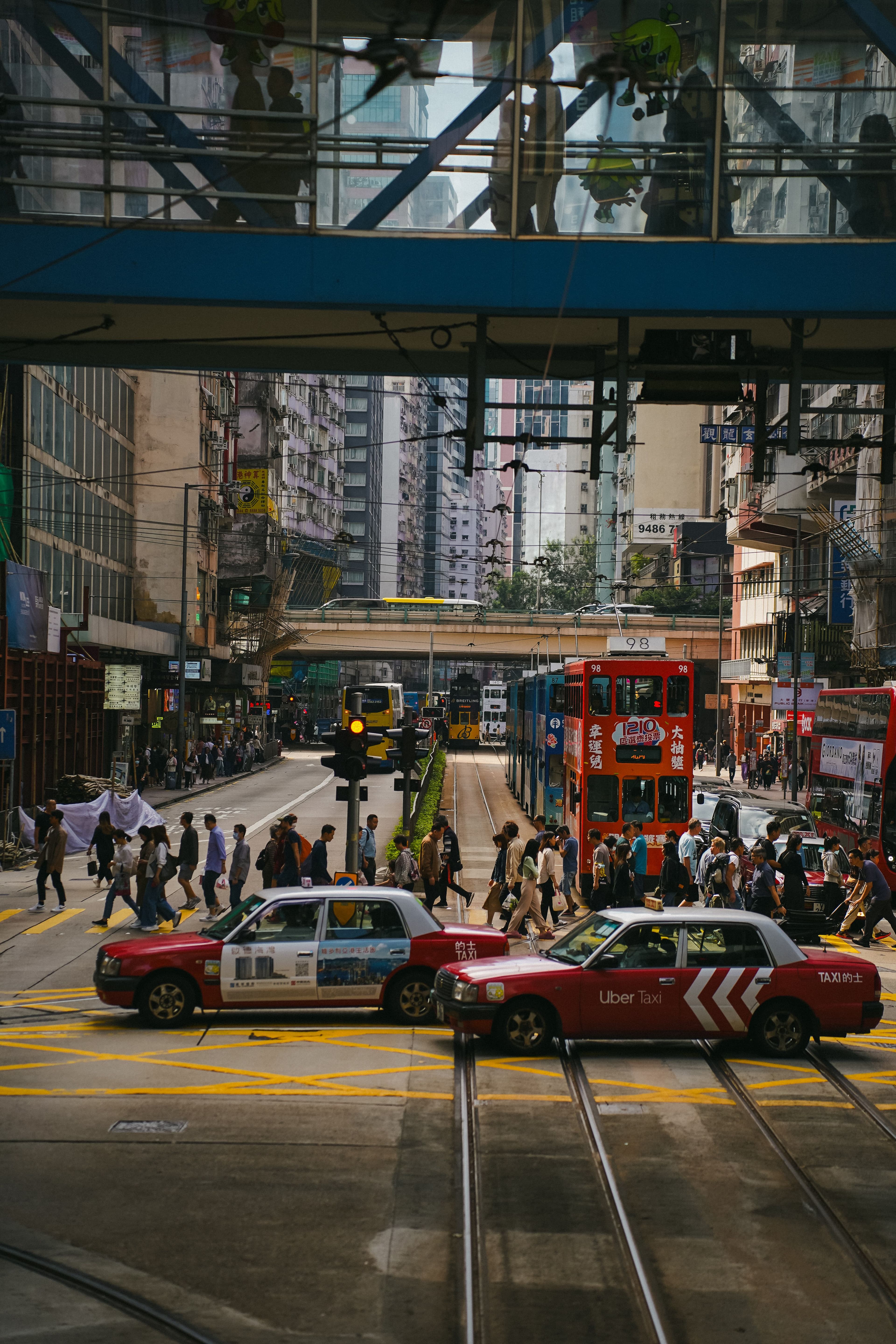 Busy Hong Kong street with trams and taxis